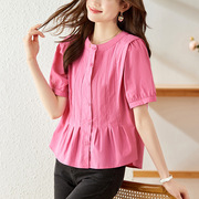 粉紫色衬衫女短袖夏装圆领小个子上衣纯棉休闲衬衣