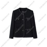 黑色罗马羽绒服(鹅绒服)2023年女士小香风黑色高级感圆领外套