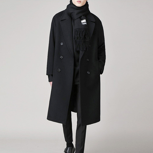 冬季韩版男士落肩毛呢大衣，中长款青年双面羊绒，风衣男加厚呢子外套