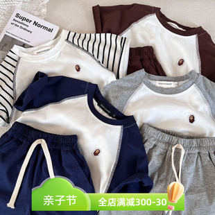 儿童短袖套装薄款男女童夏装小童，条纹纯棉t恤宝宝休闲运动两件套