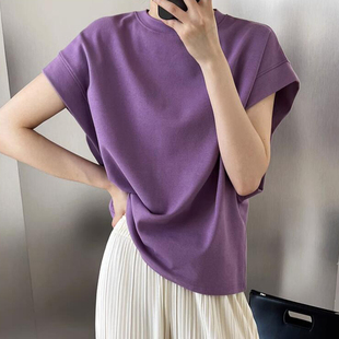 紫色欧货直角肩宽松型短袖T恤女夏2024设计感蝙蝠袖体恤上衣大码