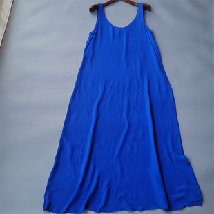 软糯外单100%真丝双绉纯蓝色，长款桑蚕丝无袖，背心裙百搭柔软