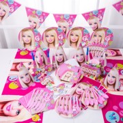 粉色芭比公主女孩主题，生日派对party用品卡通，儿童聚会餐具6人份