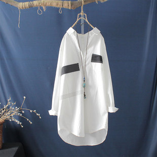 直筒显瘦纯棉白色刺绣长袖，衬衣女士上衣打底衫，秋装中长款衬衫