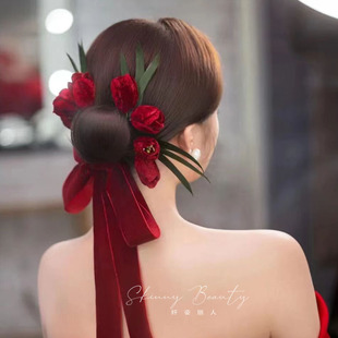 2022酒红色丝绒郁金香花朵飘带结婚发饰中式新娘敬酒服头饰品