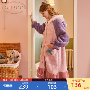 Gukoo/果壳睡衣女美人鱼睡裙女冬睡袍秋冬女士保暖珊瑚绒睡裙女D