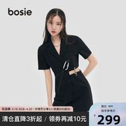 bosie夏季金属扣西装连衣裙黑色短袖常规镂空双排扣高腰