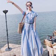 蓝色法式轻熟风连衣裙女夏季2024设计感气质收腰显瘦衬衫长裙