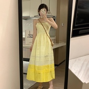蜂蜜袖子茶柠檬黄，吊带连衣裙春季设计感小众，打褶收腰长裙