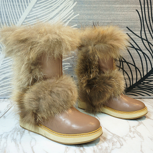 高筒靴真皮冬季羊毛一体雪地靴毛毛平跟女靴套筒女高靴C2-21