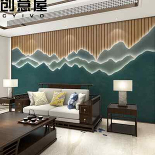 新中式8d立体山水发光木纹墙布，轻奢电视背景墙壁画客厅沙发墙壁纸