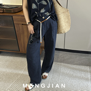MENGJIAN宽松极简亚麻阔腿长裤女25夏季新薄款老钱风高腰拖地裤子