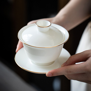羊脂玉白瓷盖碗茶杯单个家用陶瓷高端三才泡茶碗大号不烫手茶具