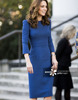 凯特王妃同款蓝色连衣裙2024春装女明星修身显瘦喇叭袖中长一步裙
