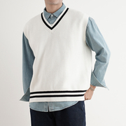 shijoin原创米白色背心马甲黑白，条纹针织学院风，套头200153v领毛衣