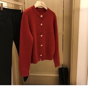 贺年装100%纯羊毛加厚圆领，红色羊绒开衫针织，外套毛衣dymx方钻扣