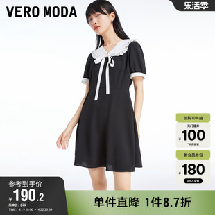 veromoda奥莱夏季时尚荷叶，边飘带娃娃领黑色气质连衣裙子