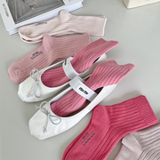粉色浪漫~复古棉线中筒袜，女透气吸汗学生纯色百搭慵懒日系堆堆袜