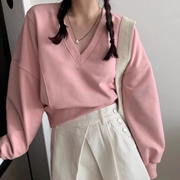 韩国chic秋季甜美小众V领压线设计感宽松百搭长袖短款套头卫衣女