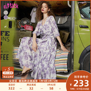 妖精的口袋紫色v领短袖雪纺连衣裙女秋2023收腰茶歇显瘦气质