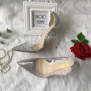 银色透明PVC尖头水钻装饰网红同款12cm超细跟女式透视高跟鞋婚鞋