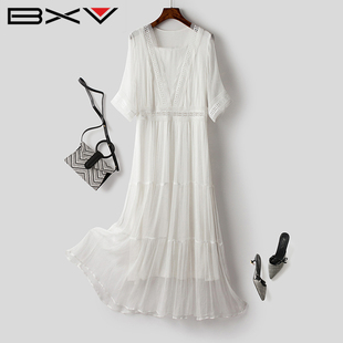 bxv100%桑蚕丝连衣裙，女中长款2023夏季白色，真丝长裙宽松飘逸