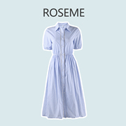 ROSEME气质衬衫领中长裙2023夏季蕾丝拼接缪风蓝白条纹连衣裙