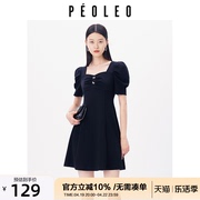 飘蕾方领连衣裙女2024春季复古减龄泡泡袖高级感小黑裙peoleo