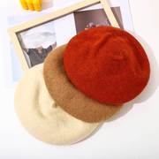 红色贝雷帽复古毛呢光板，画家帽女冬季纯色，羊毛保暖针织八角帽韩系