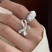 韩版s925银简约线条蝴蝶结，戒指女复古时尚，不规则珍珠开口食指环潮