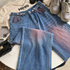 韩系蓝色复古直筒型牛仔裤，街头破洞高腰长裤时尚，休闲洋气d￥6c