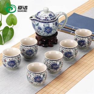 青花瓷双层茶具套装家用大容量，陶瓷泡茶器功夫，防烫隔热茶杯泡茶壶
