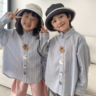 亲子LUB oeko-tex100认证四只小可爱袖标儿童长袖条纹衬衫 男女童