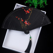 中国风全竹扇子黑色镂空古风女折扇汉服古典仙女，随身折叠扇舞蹈扇