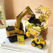 大号挖掘机工程车吊车儿童生日周岁蛋糕装饰玩具指路牌甜品台配件