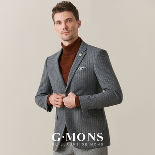吉约蒙羊毛西装外套男修身商务，休闲灰色条纹单西冬季厚款西服上衣
