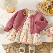 女童秋季秋装女宝宝甜美洋气毛衣外套+碎花连衣裙两件套