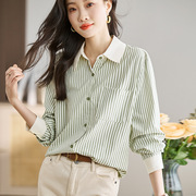 绿色条纹设计感小众雪纺长袖衬衫女春季法式时尚通勤衬衣上衣