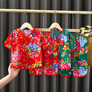 儿童中国风大花套装，男女童夏季绵绸短袖，7分裤宝宝棉质空调服睡衣