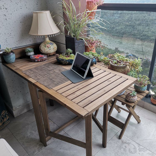 实木靠墙折叠桌子可伸缩餐桌长方形，家用耐晒阳台木头实芯桌椅组合