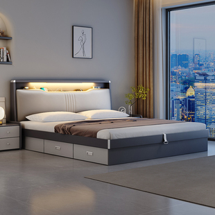 床现代简约2米主卧双人床带夜光，灯高箱储物床1.8米抽屉收纳床婚床