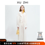 xuzhi设计师品牌白色甜美淑女，长袖抽褶雪纺，丝带衬衫连衣裙
