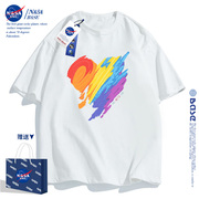 NASA白色t恤女童2024纯棉洋气油画上衣中大童装夏装儿童短袖