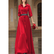 春秋欧洲站时尚系带束腰，长款连衣裙女士洋气，高腰显瘦红色长裙