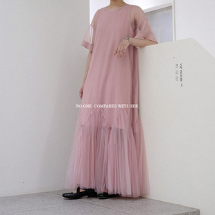 与她原创小众设计夏秋粉色宽松网纱拼接t恤仙女连衣裙长裙2件套