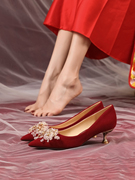 红色结婚鞋新娘鞋女中法式秀禾婚纱两穿孕妇低跟敬酒服高跟鞋