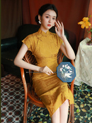 黄色旗袍2021年夏季素雅复古气质年轻款，少女改良版短款连衣裙