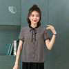 yun韫2022夏季女装飘带，小翻领气质淑女印花短袖衬衫上衣