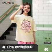 三福短t恤2024夏季漫画，猫咪图案宽松圆领纯棉上衣女装482140