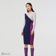AtelierMissLu设计师设计几何撞色绵羊毛修身高弹连衣裙